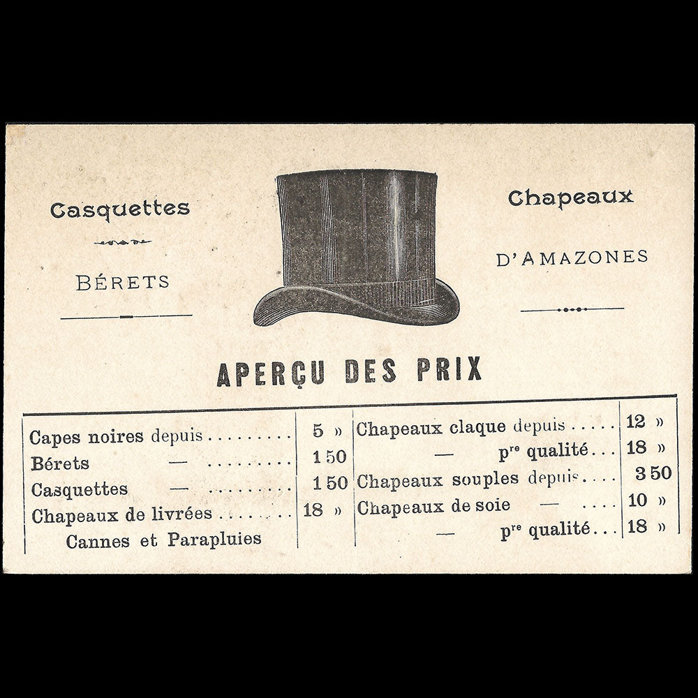 Cazaux - Carte du chapelier, 56 rue de Passy à Paris (1897)