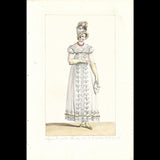 Chapeau de paille, robe brodée à jour - Dessin pour un périodique de mode (1800-1810s)