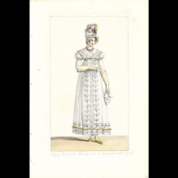 Chapeau de paille, robe brodée à jour - Dessin pour un périodique de mode (1800-1810s)