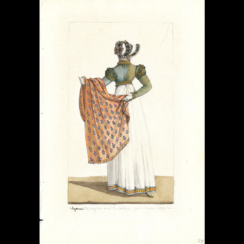 Spencer et chapeau de Virginie - Dessin pour un périodique de mode (1800-1810s)