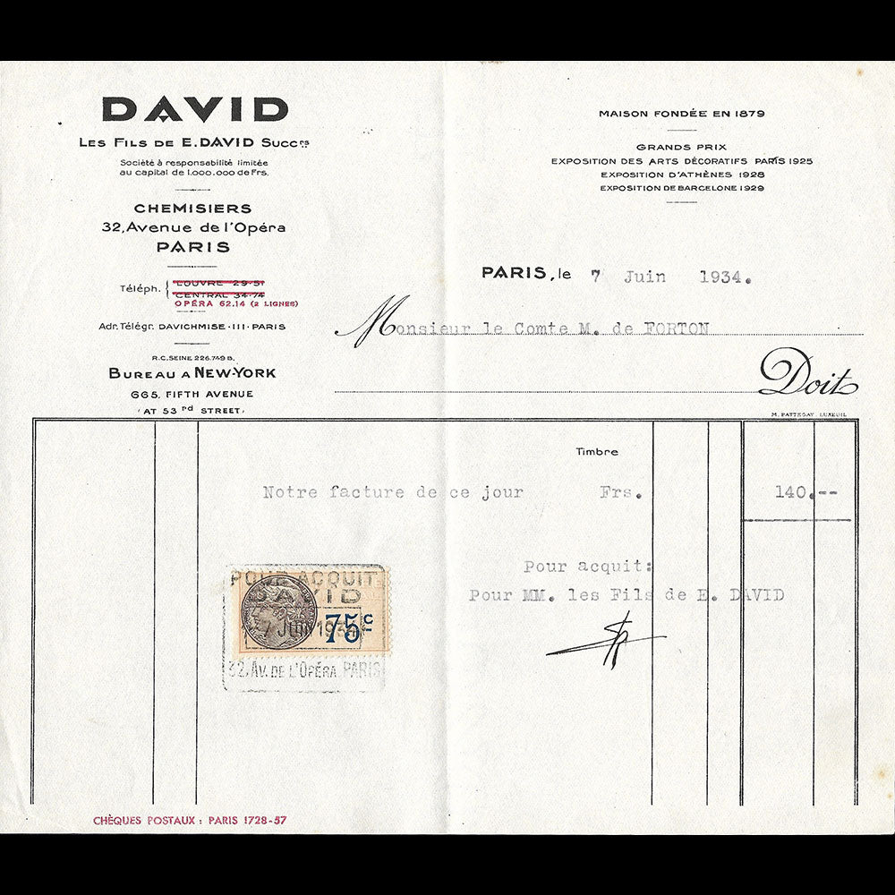 David - Facture du chemisier, 32 avenue de l'Opéra à Paris (1934)