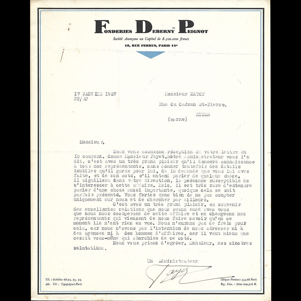 Deberny Peignot - Lettre de la fonderie 18 rue Ferrus à Paris (1927)