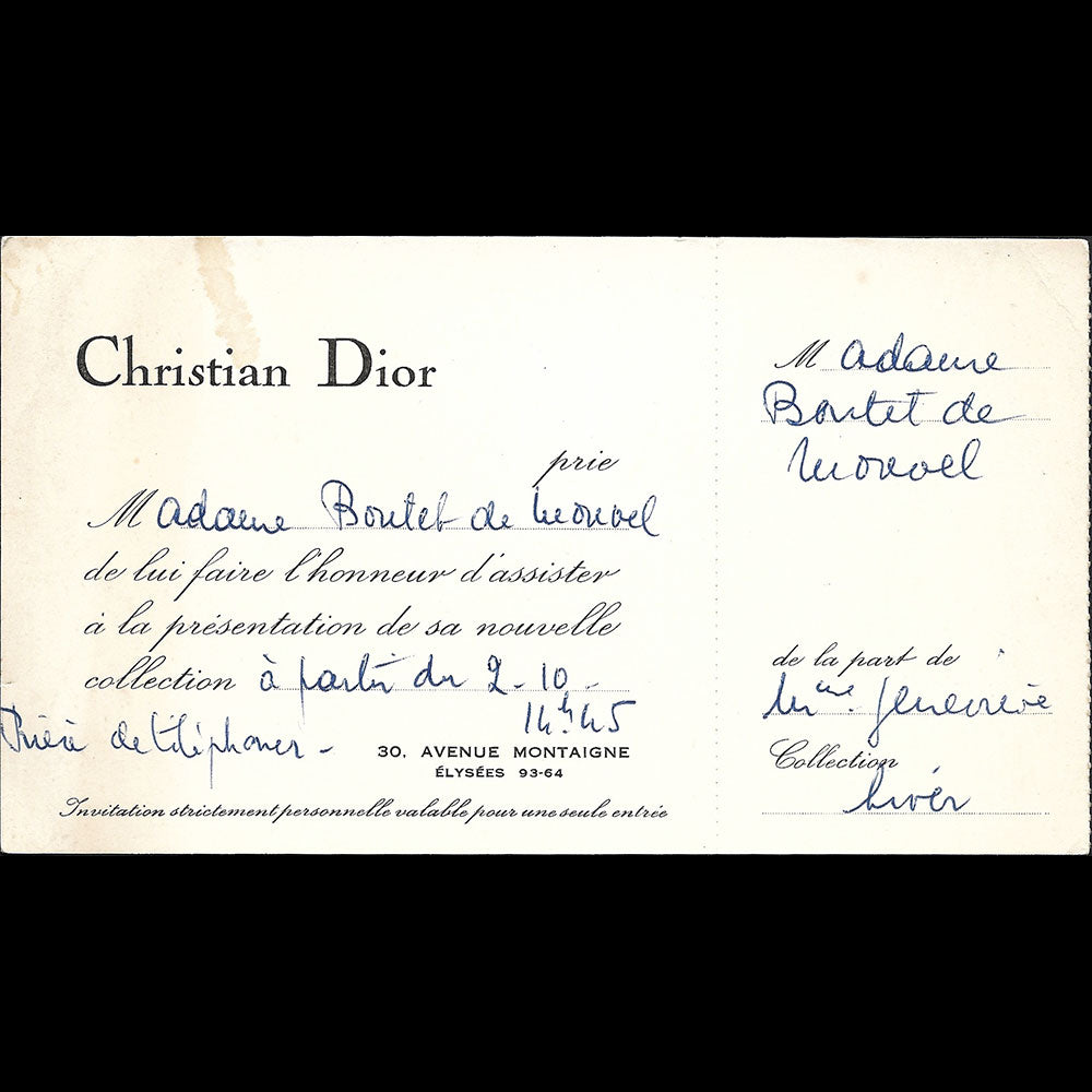 Christian Dior - Invitation de la maison de couture, 30 avenue Montaigne à Paris (1950s)