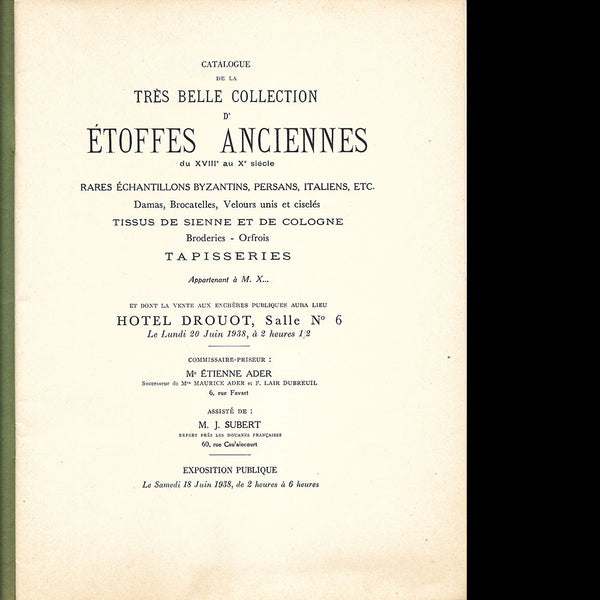 Etoffes anciennes - Catalogue de la vente de la collection de Monsieur X (1938)