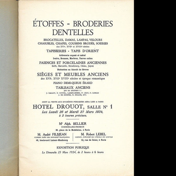 Etoffes, Broderies, Dentelles des XVIe, XVIIe et XVIIIe siècles - Catalogue de vente (1934)