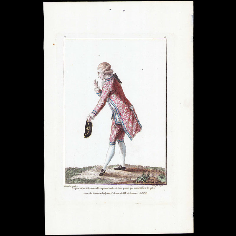 Gallerie des Modes et Costumes Français, 1778-1787, gravure n° T 113, Fraque d'été de toile vermicelée par Leclerc (1779)