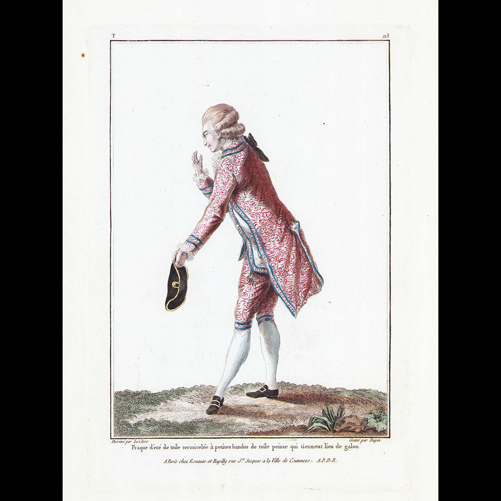 Gallerie des Modes et Costumes Français, 1778-1787, gravure n° T 113, Fraque d'été de toile vermicelée par Leclerc (1779)