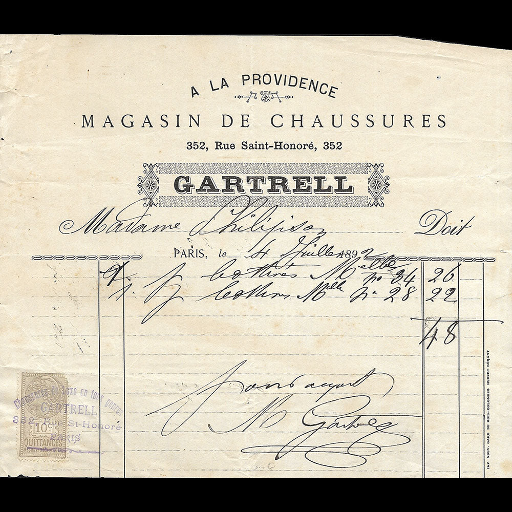 Gartrell - Facture du magasin de chaussures A la Providence, 352 rue Saint-Honoré à Paris (1892)