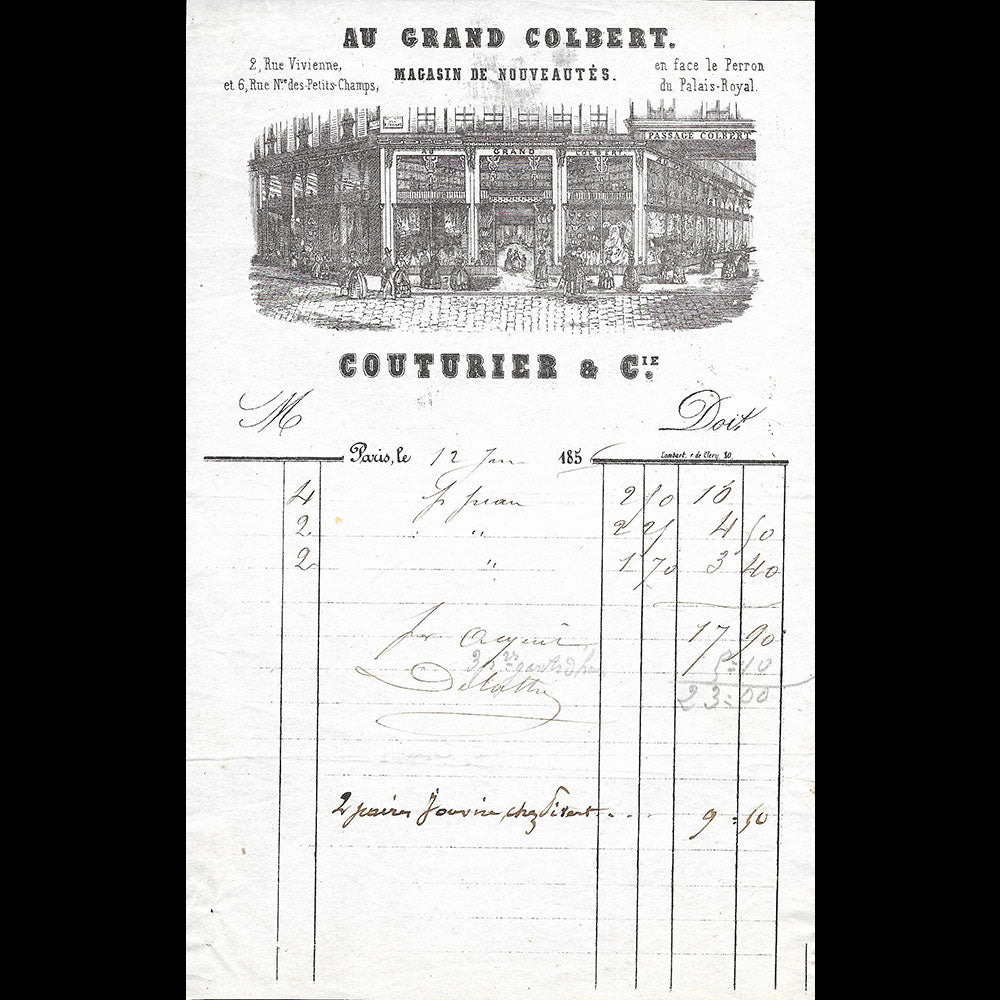Couturier & Cie - Facture du magasin de nouveautés Au Grand Colbert, 2 rue Vivienne à Paris (1856)