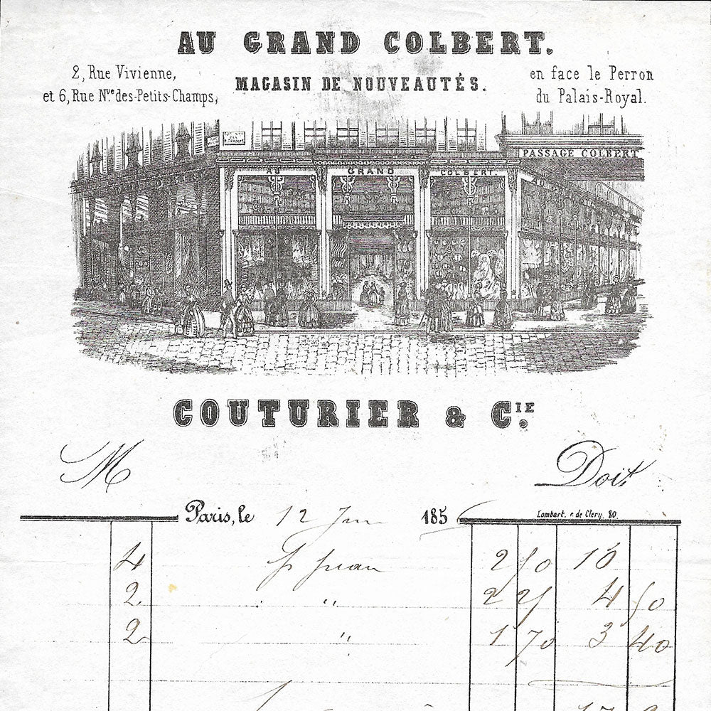 Couturier & Cie - Facture du magasin de nouveautés Au Grand Colbert, 2 rue Vivienne à Paris (1856)