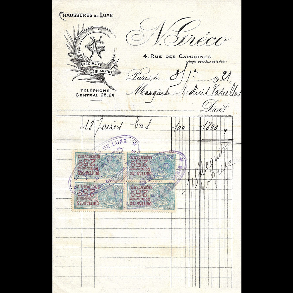 N. Greco - Facture de la maison de chaussures de luxe, 4 rue des Capucines à Paris (1921)