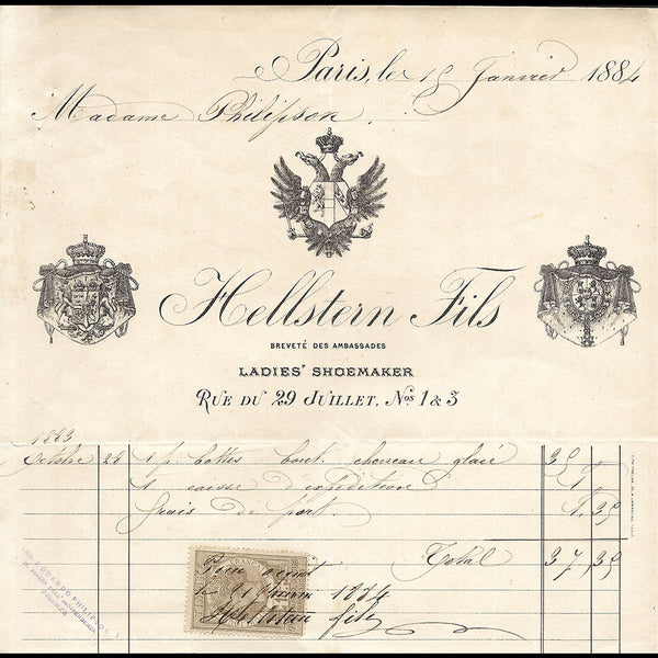Hellstern and sons - Facture de la maison de chaussures, 1 & 3 rue du 29 juillet à Paris (1884)