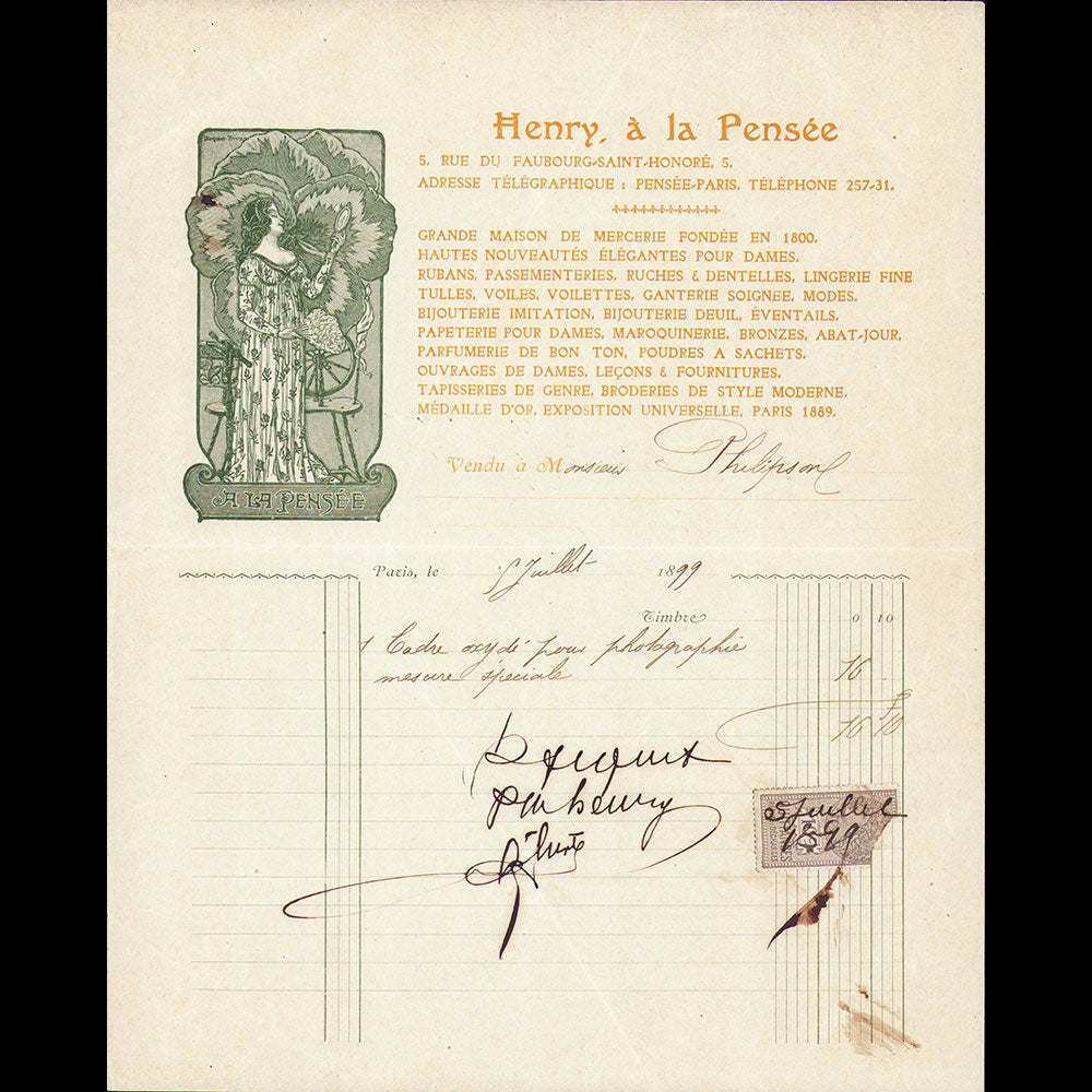 Henry à la Pensée - Facture de la maison de Hautes Nouveautés, 5 Faubourg Saint-Honoré à Paris (1899)