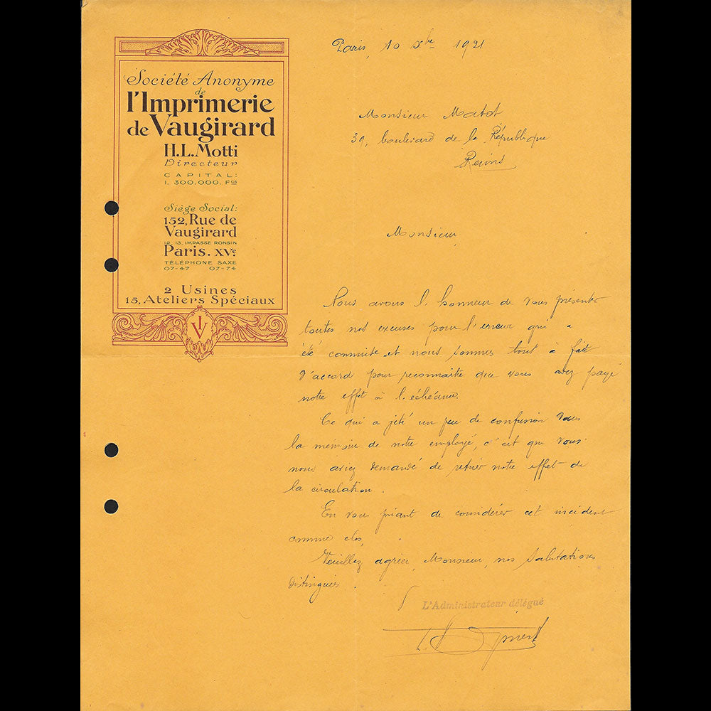Imprimerie de Vaugirard - Lettre de l'imprimerie, 152 rue de Vaugirard à Paris (1921)