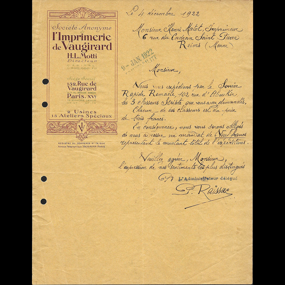 Imprimerie de Vaugirard - Lettre de l'imprimerie, 152 rue de Vaugirard à Paris (1922)
