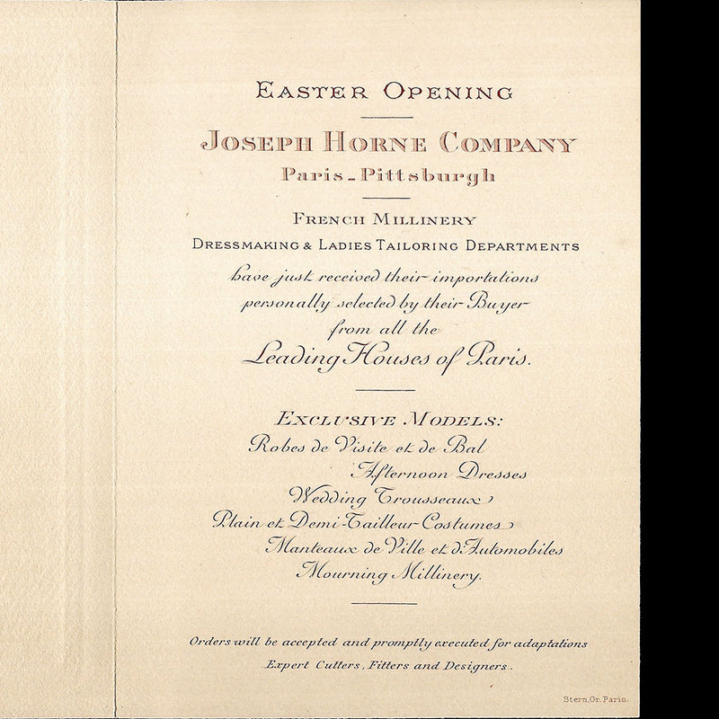 Joseph Horne Company - Invitation annonçant la sélection de modèles de Paris (circa 1910)