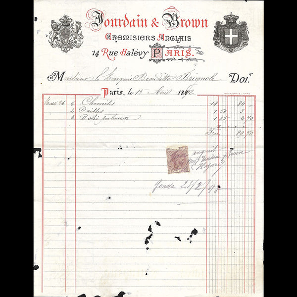 Jourdain & Brown - Facture des chemisiers anglais, 14 rue Halévy à Paris (1892)
