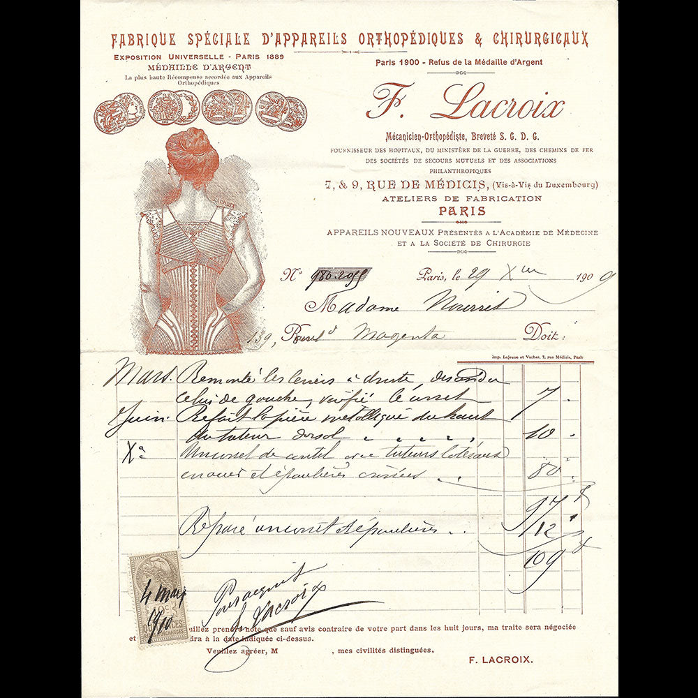 F. Lacroix - Facture de la fabrique d'appareils orthopédiques et chirurgicaux, 7 & 9 rue de Medicis à Paris (1909)