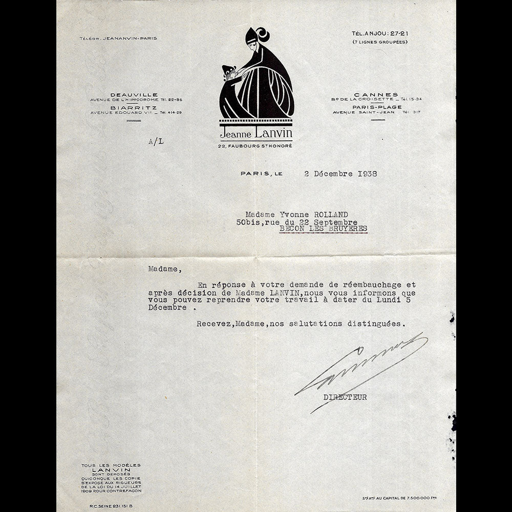 Jeanne Lanvin - Correspondance de la maison de couture 22 faubourg Saint-Honoré (1938)