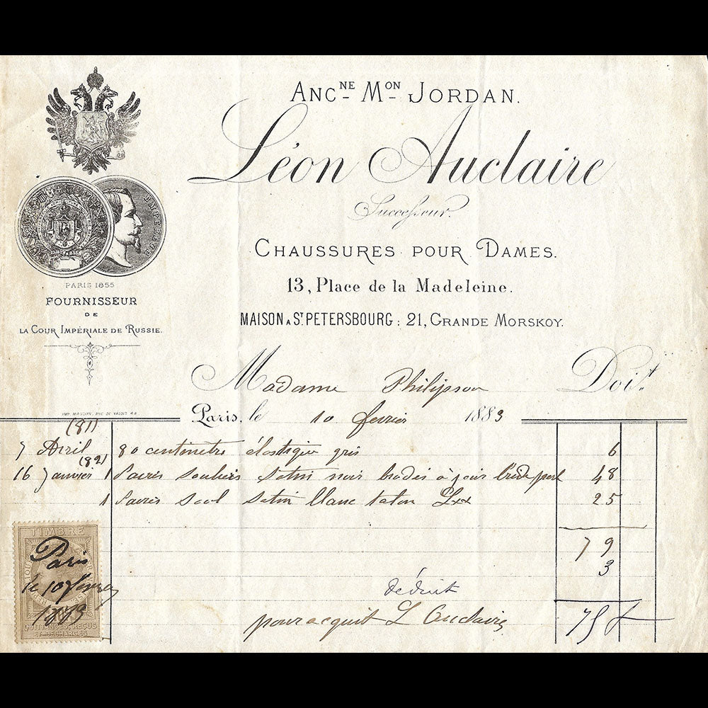 Léon Auclaire - Facture de la maison de chaussures, 13 place de la Madeleine à Paris (1883)