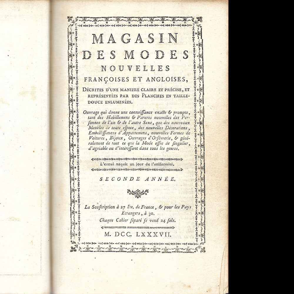 Magasin des Modes Nouvelles - Réunion des 12 livraisons de juillet 1787 à novembre 1787