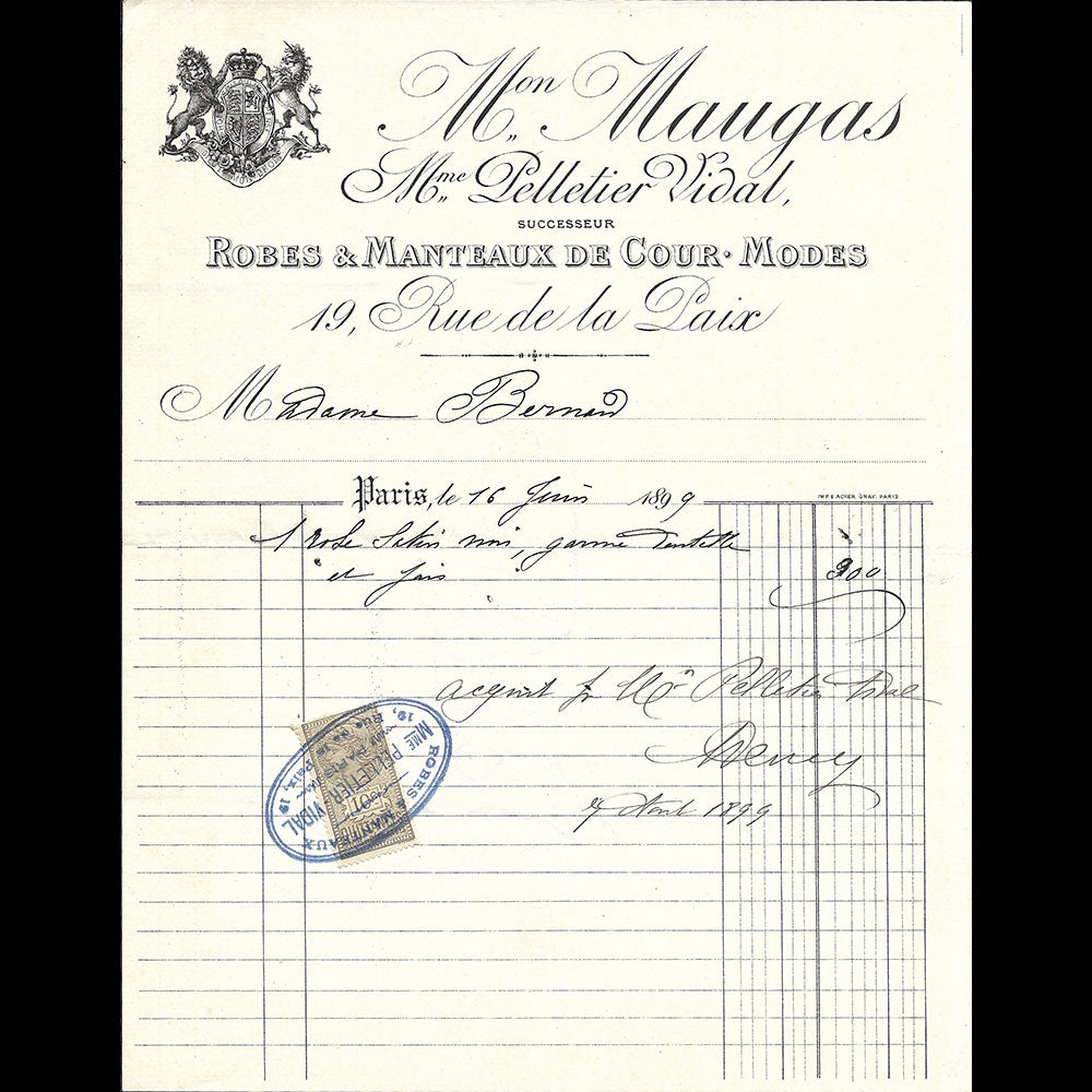 Maugas - Facture de la maison de couture, 19 rue de la Paix à Paris (1899)