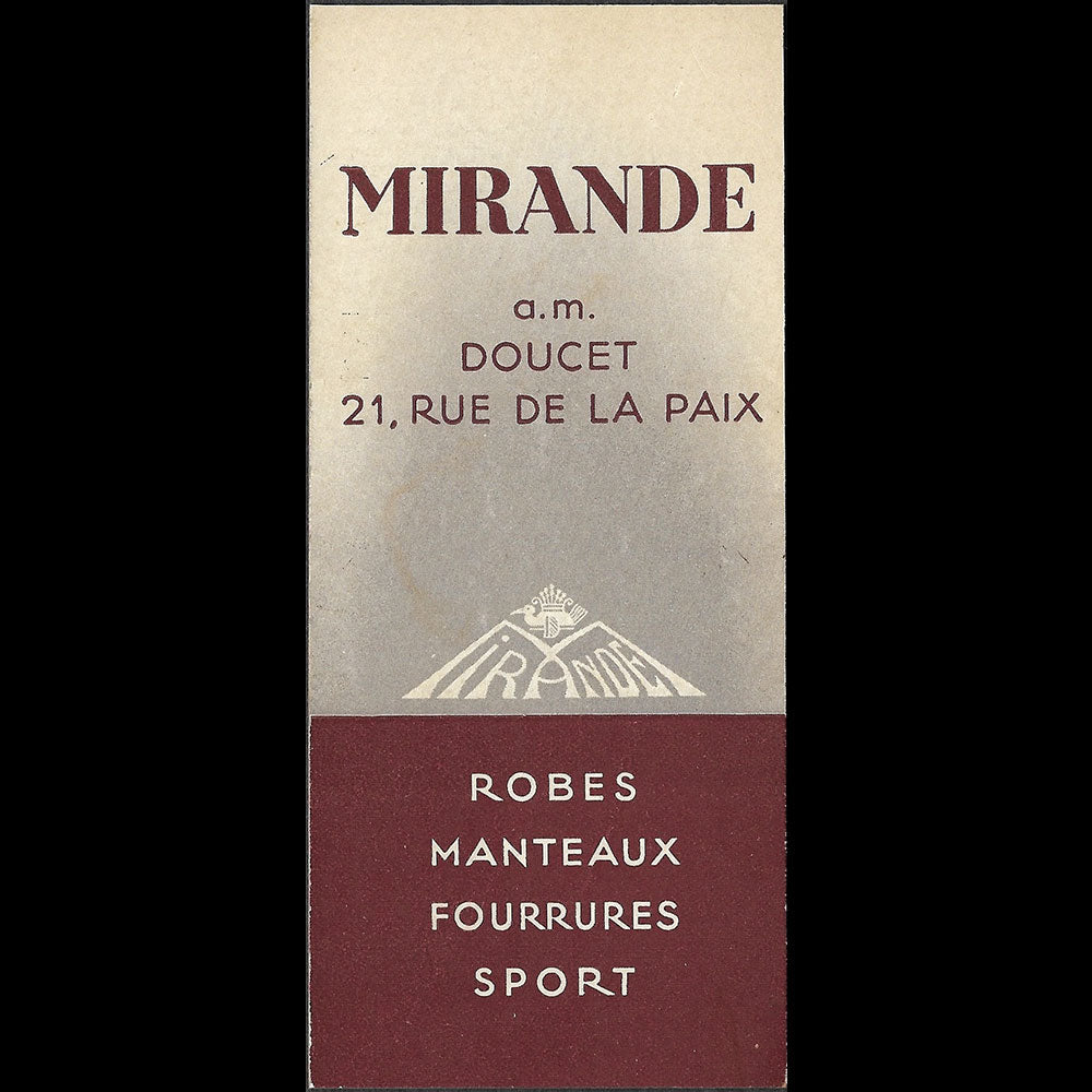 Mirande Doucet - Marque page de la maison de couture, 21 rue de la Paix à Paris (circa 1930)