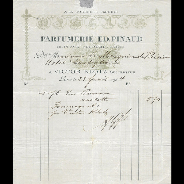 Pinaud - Facture de la maison de parfums, 18 place Vendôme à Paris (1904)