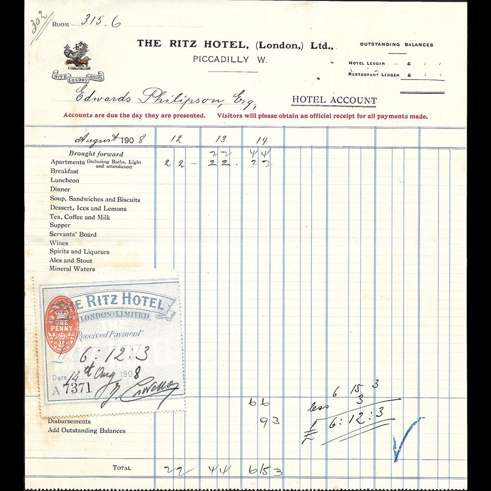 Ritz London - Facture de l'hotel, Piccadilly W. London (1908)