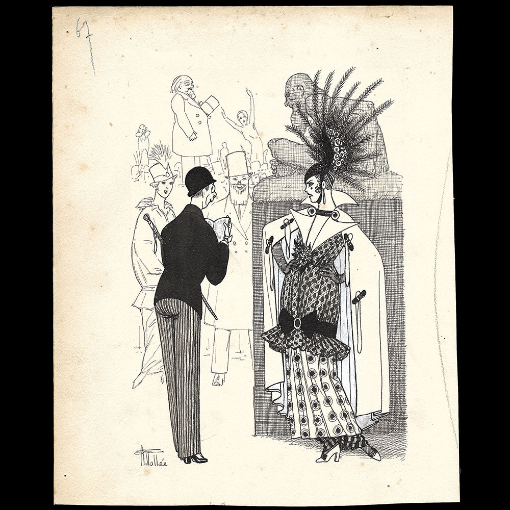 Armand Vallée - L'Elégante à l'exposition de sculptures, dessin (1910s)