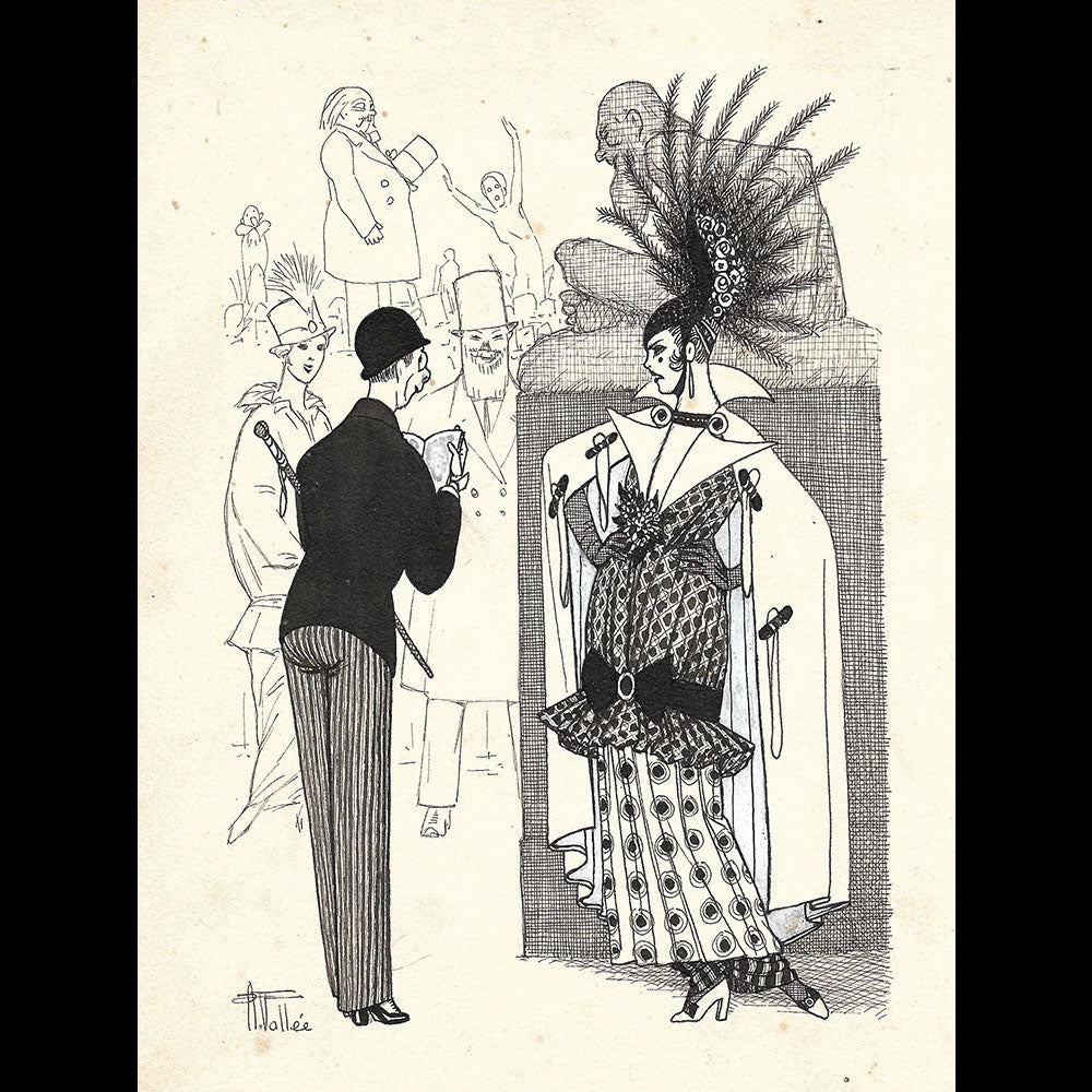 Armand Vallée - L'Elégante à l'exposition de sculptures, dessin (1910s)