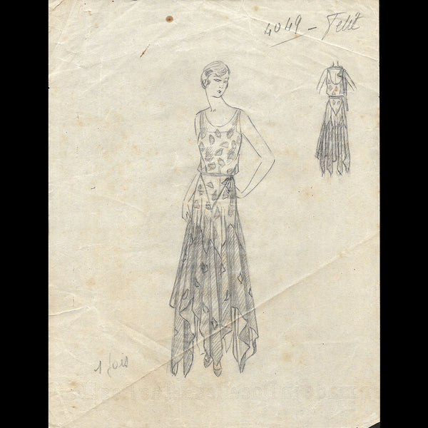 Vionnet - Dessin d'une robe du soir pour l'hiver 1929-1930