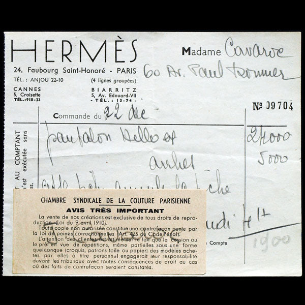 Hermès - Facture de la maison Hermes, circa 1930