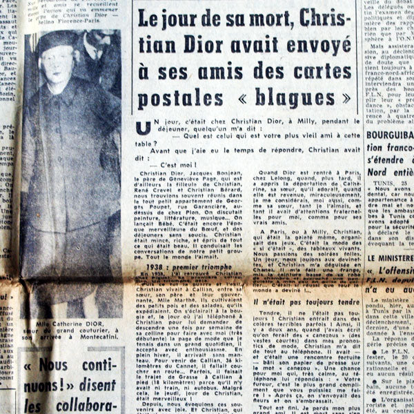 France Soir, 26 octobre 1957- mort de Dior, article d'Alice Chavane