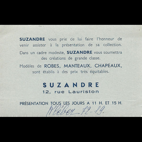 Carton d'invitation de la maison Suzandre, 12 rue Lauriston à Paris (circa 1935)