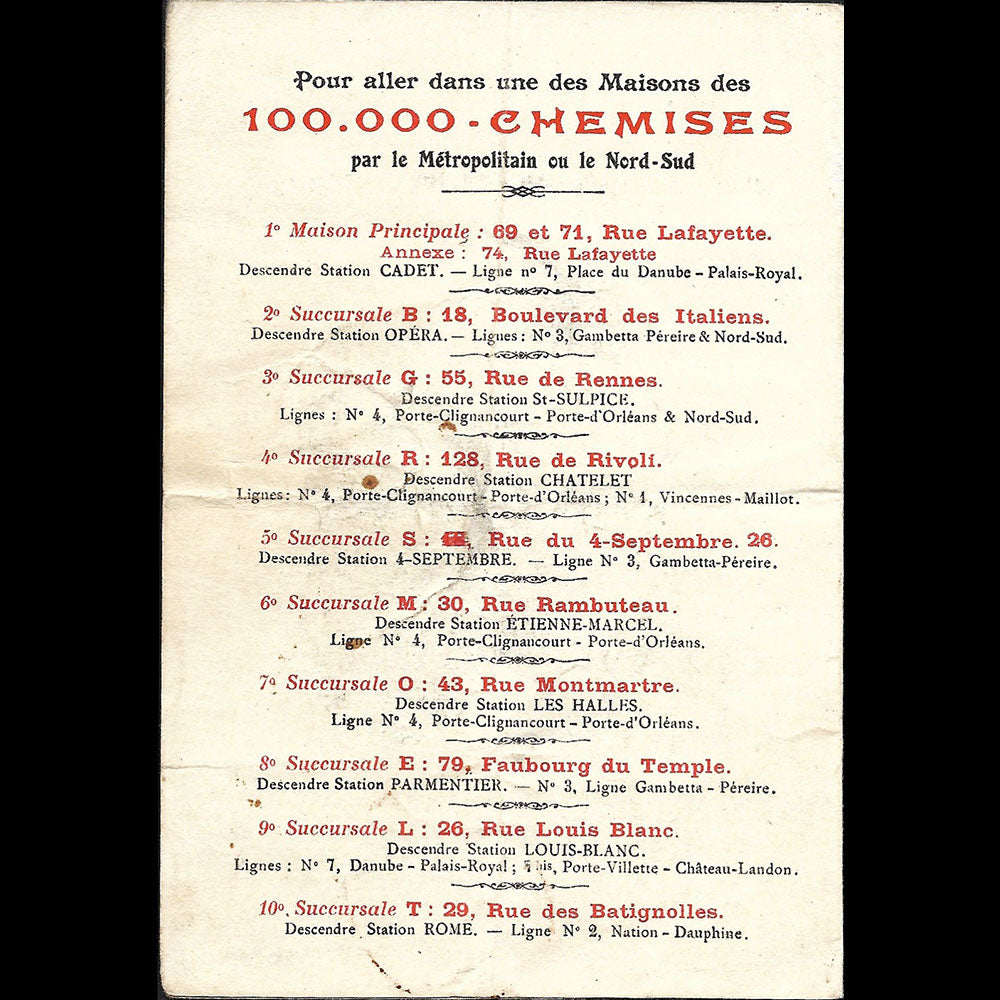 100 000 Chemises - Carte du chemisier, rue Lafayette à Paris (1912)