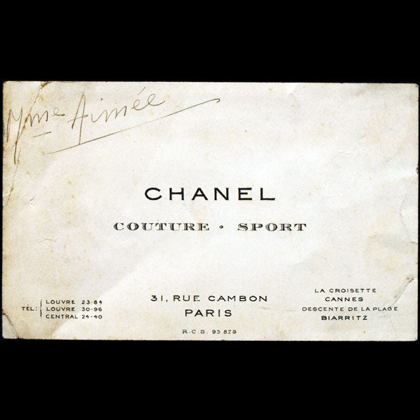 Carte de visite de la maison Chanel, Couture Sport, 31 rue Cambon (circa 1920)