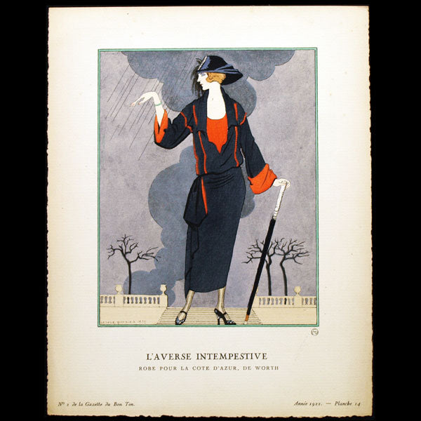Gazette du Bon Ton - L'Averse Intempestive, robe pour la Côte d'Azur de Worth, planche de George Barbier (n°2, 1922)