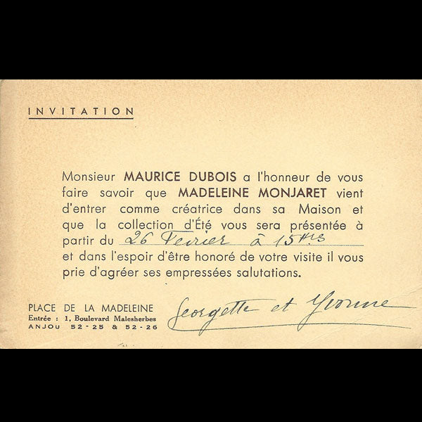 Carton d'invitation de la maison Maurice Dubois, place de la Madeleine à Paris (circa 1935)