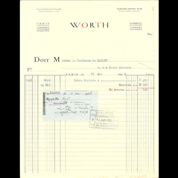 Facture de la maison Worth, 7 rue de la Paix, Paris (1928)