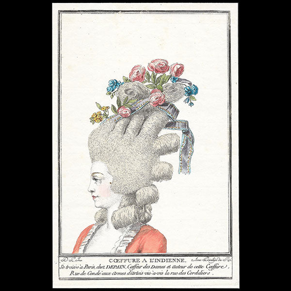 Depain - Coeffure à la Thevenet, Coeffure à l'Indienne, deux gravures de la suite de coiffures Au Beau Sexe (circa 1777)