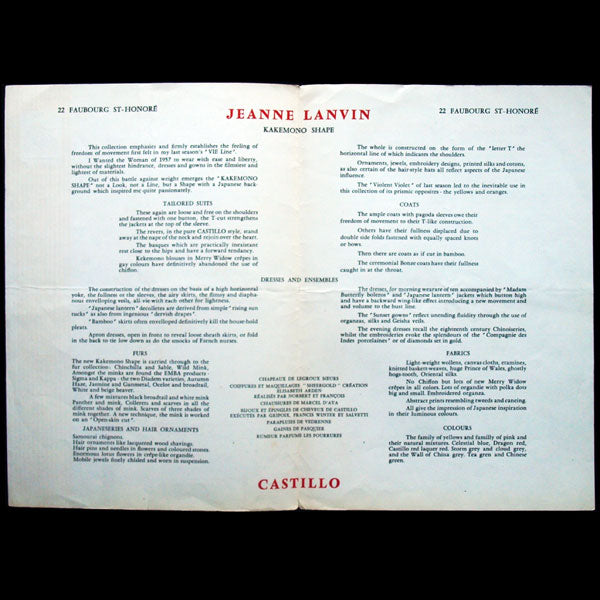 Jeanne Lanvin - Castillo, programme de défilé, Printemps 1957