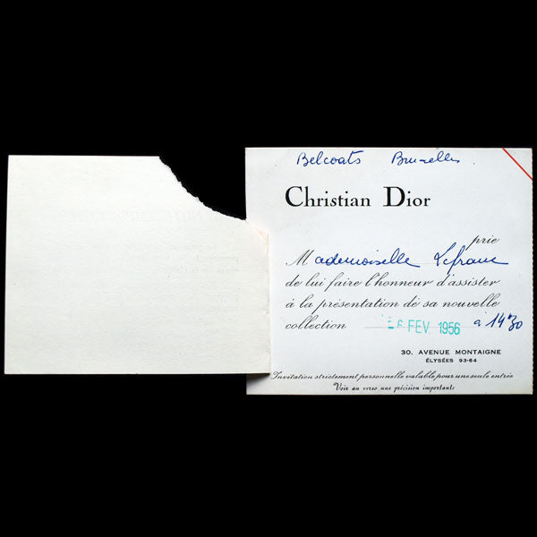 Carton d'invitation au défilé Christian Dior du 6 février 1956