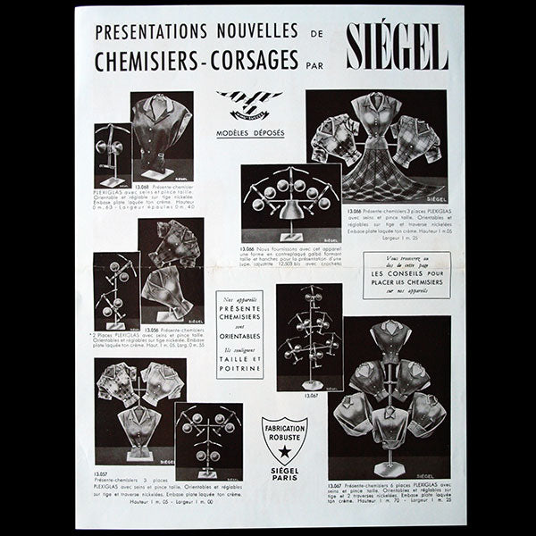 Siégel - Réunion de 16 feuilles de présentation sur les présentoirs Siégel (circa 1930)