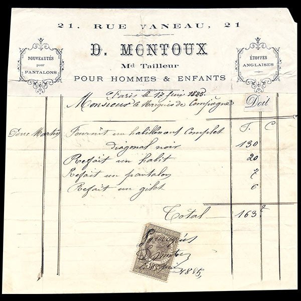 Facture de D. Montoux, marchand tailleur, 21 rue Vaneau à Paris (1885)