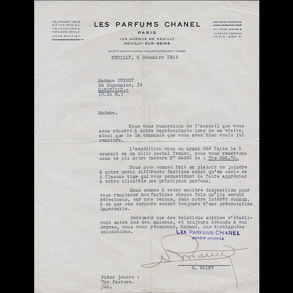 Lettre des Parfums Chanel, avenue de Neuilly, Neuilly-sur-Seine (1939)