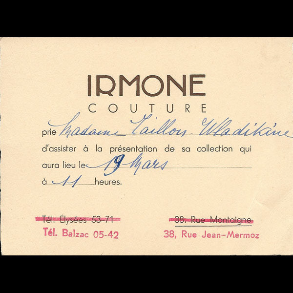 Carton d'invitation de la maison Irmone Couture, 38 rue Jean Mermoz à Paris (circa 1937)