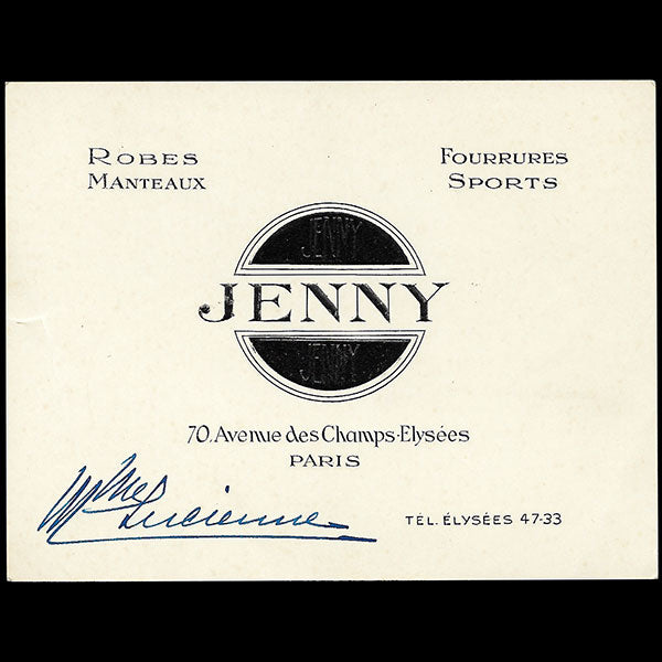 Jenny - Carte de la maison, 70 avenue des Champs-Elysées à Paris (circa 1925)