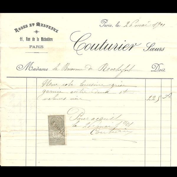 Facture de Couturier Soeurs, 11 rue de la Michodière à Paris (1901)