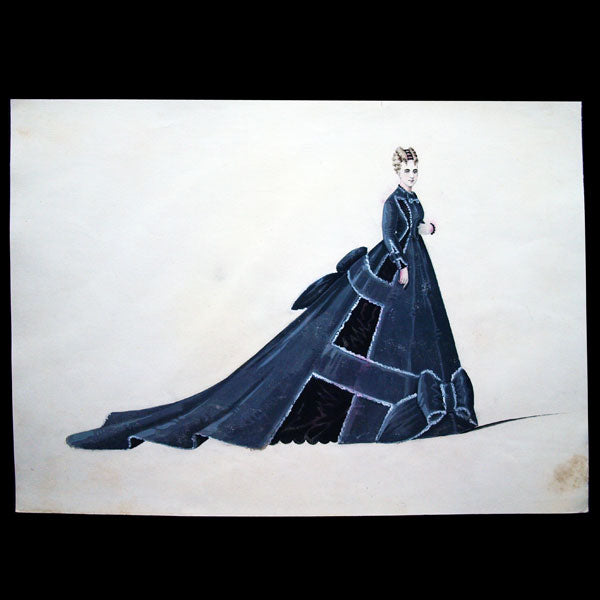 Projets de robes, ensemble de 3 dessins à l'aquarelle d'un dessinateur en costumes et robes (circa 1860-1870)